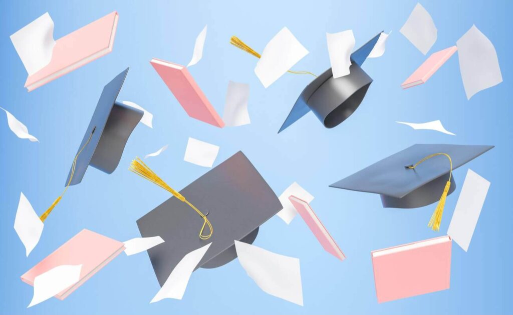 d illustration of academic caps with pink books and blank pieces